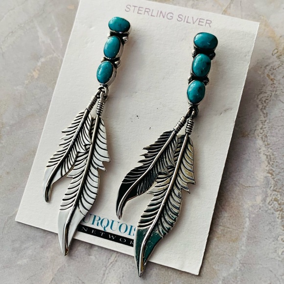 Sterling Silver and Turquoise Feather Dangle Earrings - Picture 2 of 8